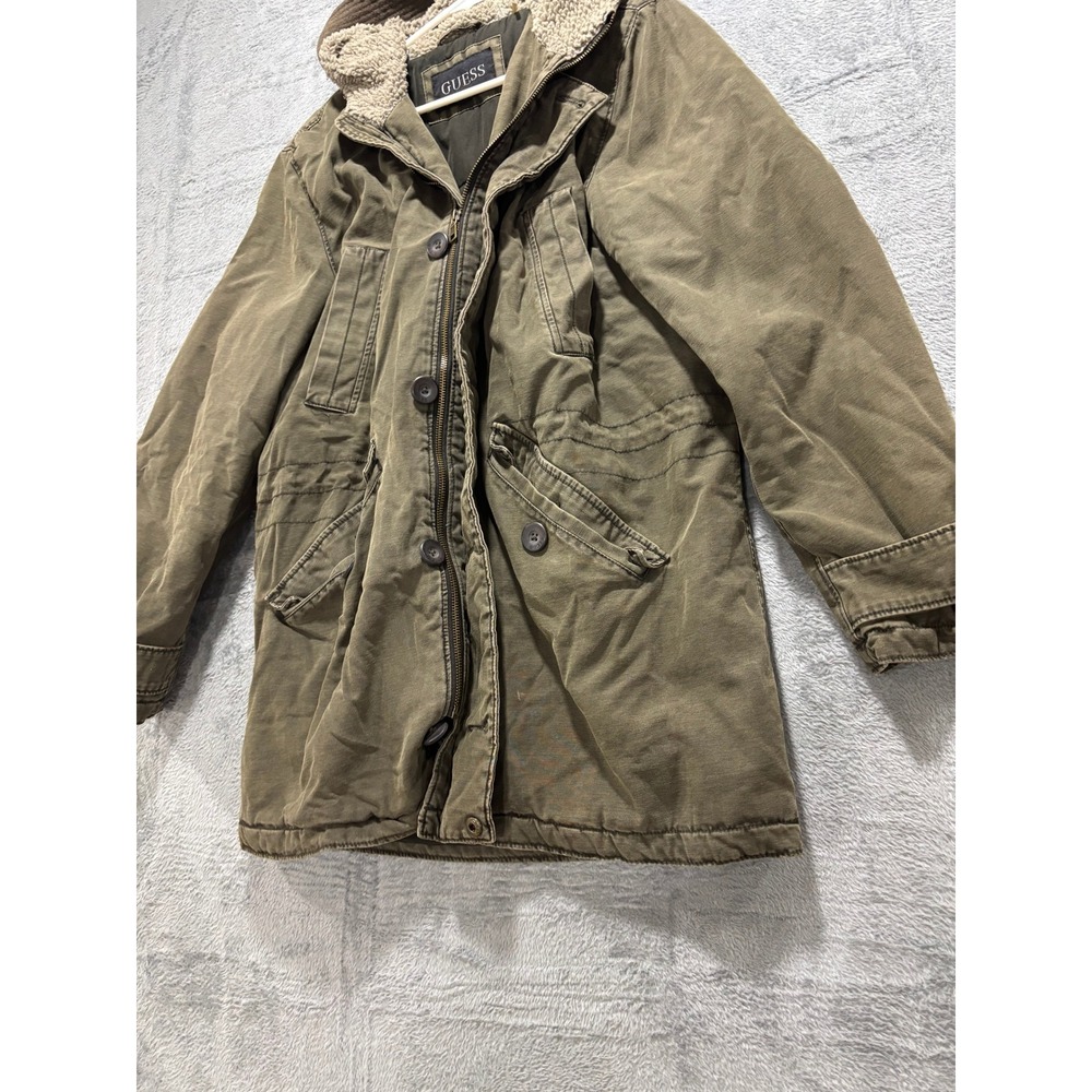 Guess Womens M Olive Green Hooded Parka Jacket Sherpa Lined Vintage Casual Cozy - Picture 8 of 10